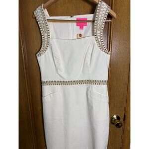Lilly Pulitzer white textured Dress Gold Studded Trim Sleeveless Sheath Size 10